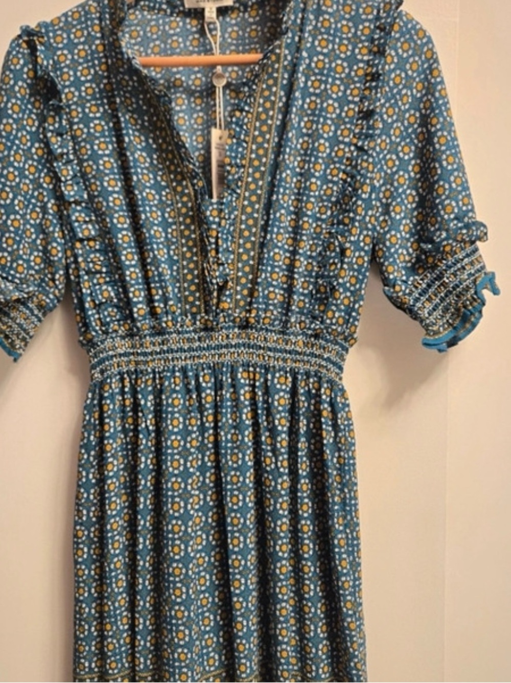 Max Studio Blue Floral Smocked-Waist Midi Dress with Yellow Accents